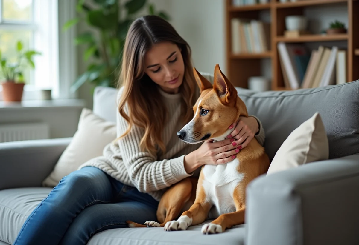 Femme réconfortant un chien anxieux dans un salon lumineux