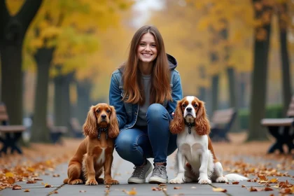 Jeune femme avec deux chiens King Charles Spaniel dans un parc automnal