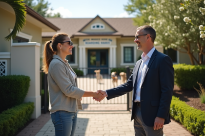 Femme confiante devant une pension pour chiens
