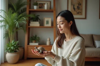 Femme posant une figurine tortue en céramique dans un salon chaleureux