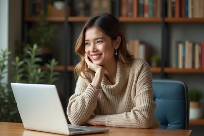 Femme souriante utilisant un quiz animal totem à son bureau