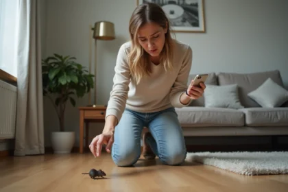 Femme inquiète au sol avec des déjections de rongeurs