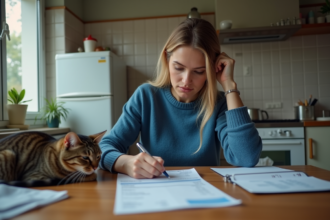 Femme examine une facture vétérinaire à la maison