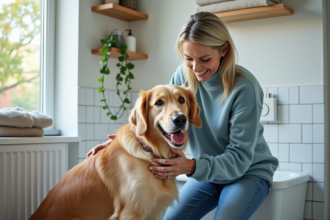 Femme en jean douce lavant son chien dans la salle de bain