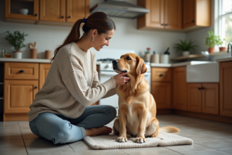 Femme lavant doucement un chien doré dans la cuisine