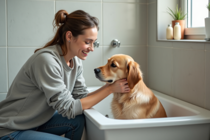 Jeune femme lavant son chien dans la douche