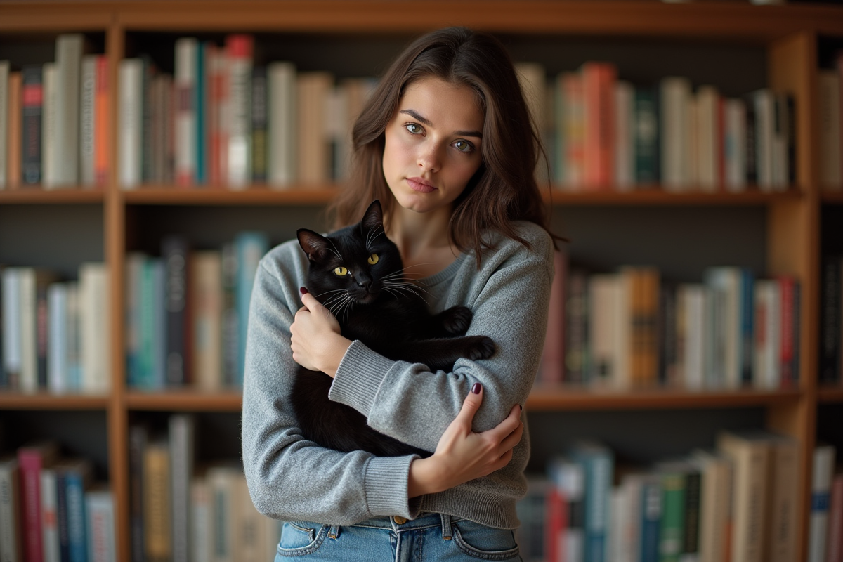 Jeune femme avec chat noir dans une librairie chaleureuse