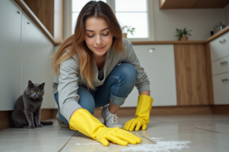Femme en train de nettoyer un sol carrelé près d'un chat domestique