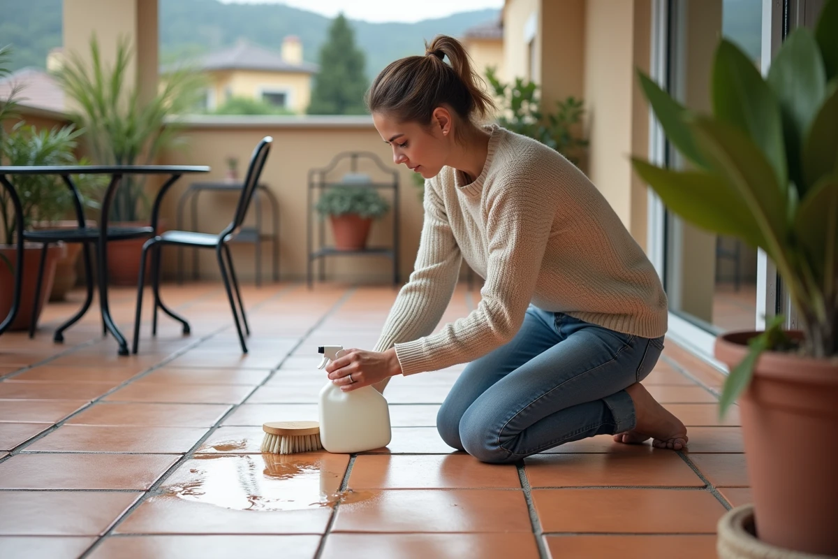 Jeune femme nettoyant la terrasse avec un spray