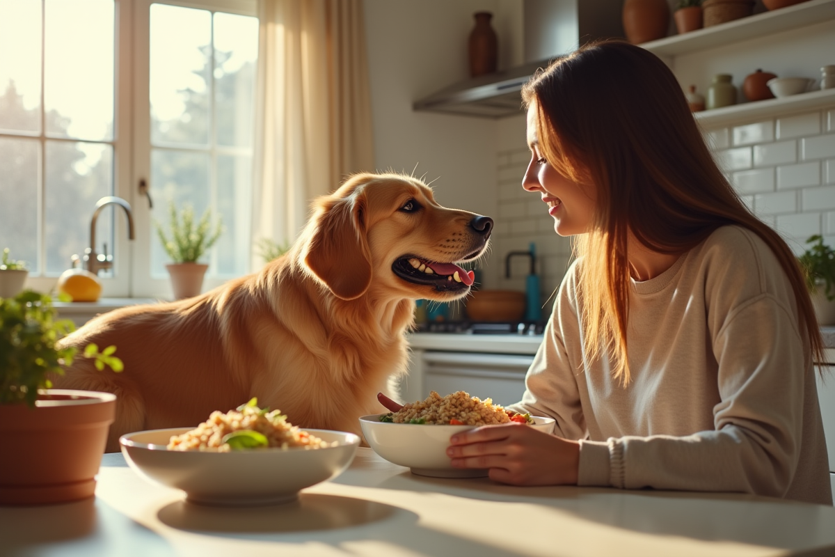 Femme donnant du riz et légumes à son chien dans la cuisine lumineuse