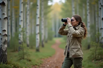 Femme ornithologue utilisant des jumelles compactes modernes pour observer les oiseaux en forêt