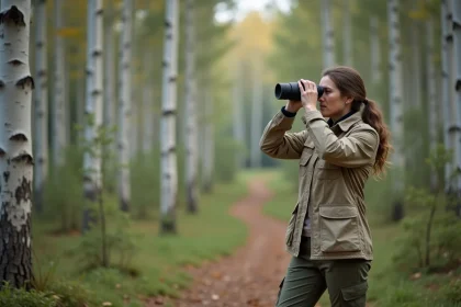 Femme ornithologue utilisant des jumelles compactes modernes pour observer les oiseaux en forêt