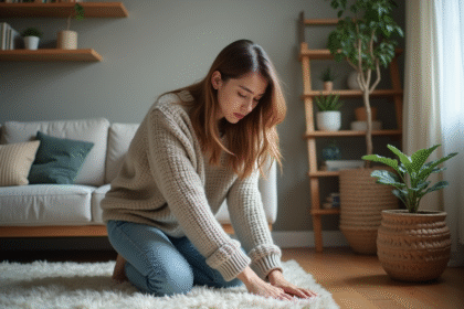 Jeune femme cherche sous le meuble dans un salon moderne