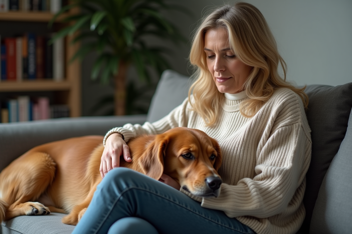 Femme assise avec son chien golden retriever dans un salon