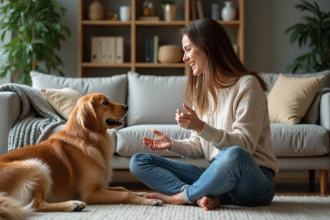 Femme assise avec un retriever dans un salon chaleureux