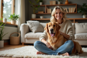 Femme assise avec un retriever dans un salon chaleureux