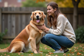 Jeune femme caressant un retriever dans un jardin résidentiel