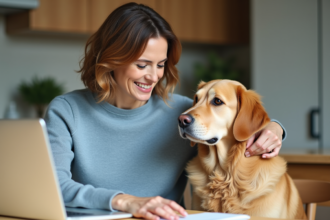 Femme souriante avec retriever dans une cuisine lumineuse