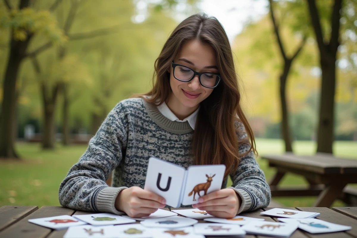 Jeune femme étudie cartes animales en plein air