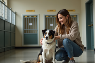 Jeune femme avec chien rescue dans refuge animal