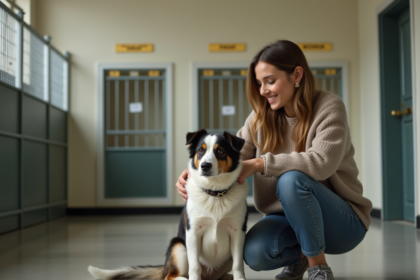 Jeune femme avec chien rescue dans refuge animal