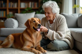 Femme senior caressant son chien golden retriever dans un salon chaleureux
