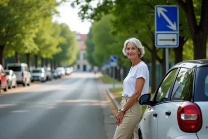 Femme regardant un panneau de stationnement près du zoo