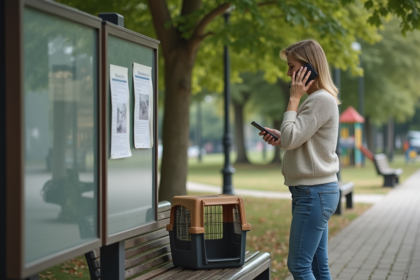 Femme préoccupée parlant au téléphone près d une cage pour animal