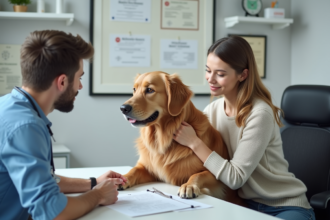 Jeune femme avec un Golden Retriever chez le vétérinaire