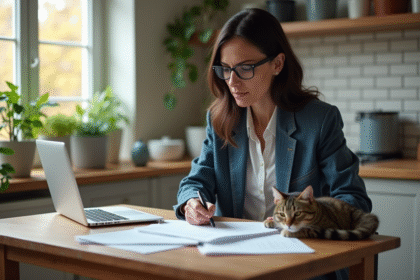 Femme d'âge moyen avec chat et factures vétérinaires
