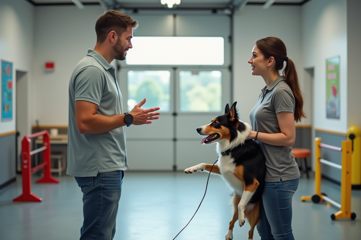 Enseignant canin discutant avec un client dans une salle d