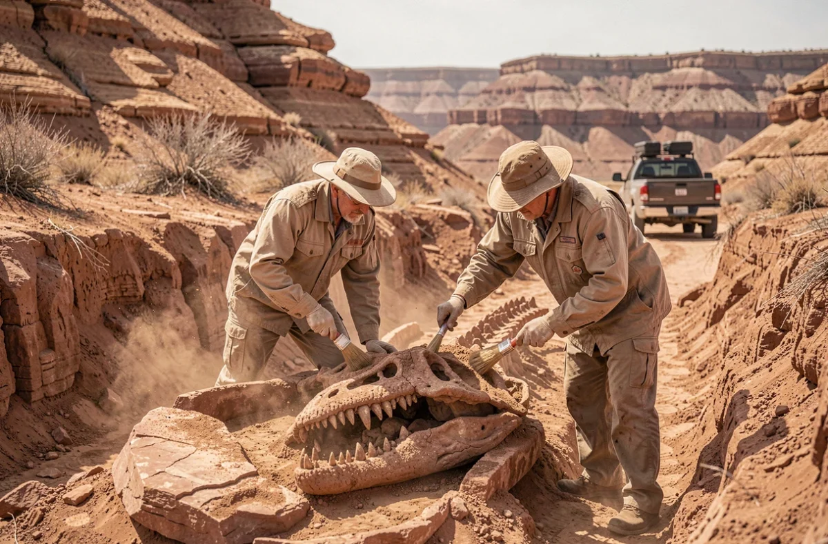Équipe de paléontologues dégageant des fossiles de dinosaures carnivores lors d'une fouille en terrain aride