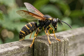 Frelon asiatique Vespa velutina posé sur un piquet de bois, montrant son abdomen noir caractéristique avec bande jaune-orange et pattes jaunes