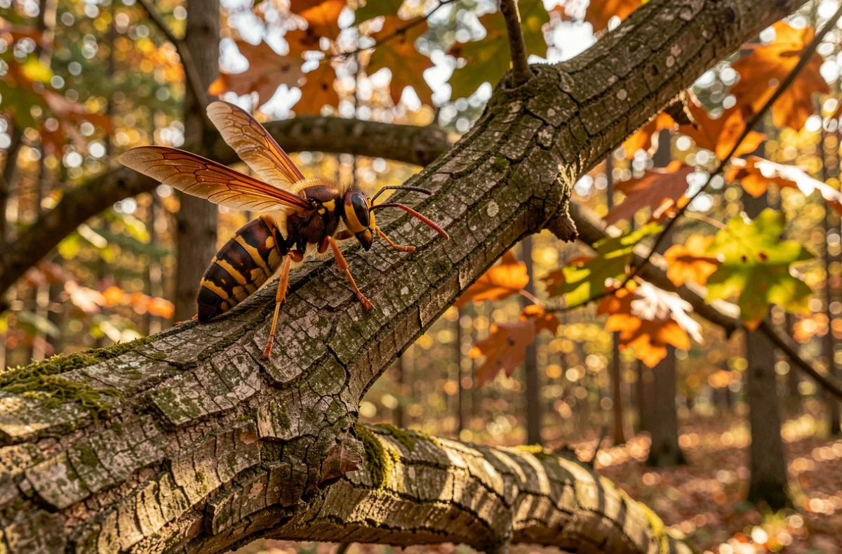 Frelon européen Vespa crabro sur une branche de chêne en forêt, identifiable par son thorax brun-rouge et son abdomen rayé jaune et noir