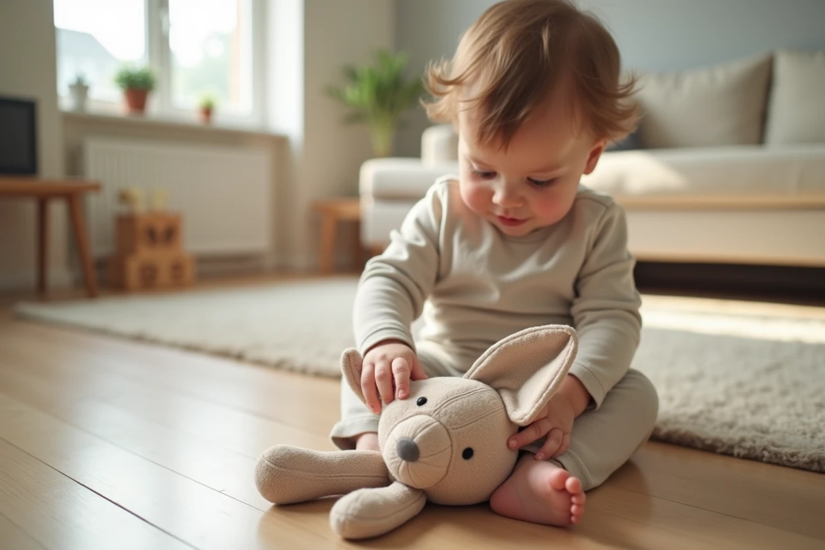 Bébé curieux touchant son lapin en peluche dans un salon lumineux