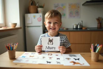 Garçon souriant avec cartes d'animaux à la maison