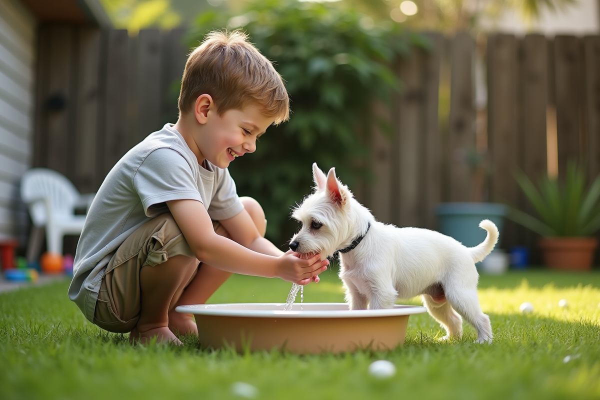 Garçon jouant avec un petit chien dans le jardin