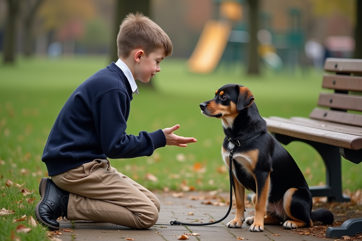 Adolescent avec chien en interaction dans un parc
