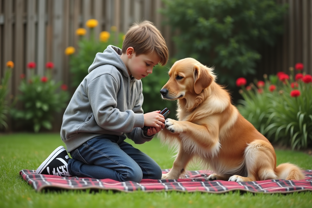 Adolescent taillant les ongles d un retriever dans le jardin