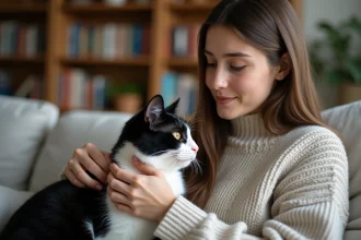Chat noir et blanc se faisant toiletter avec soin