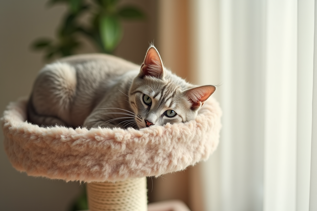  gros plan d un arbre à chat beige avec un chat allongé dessus