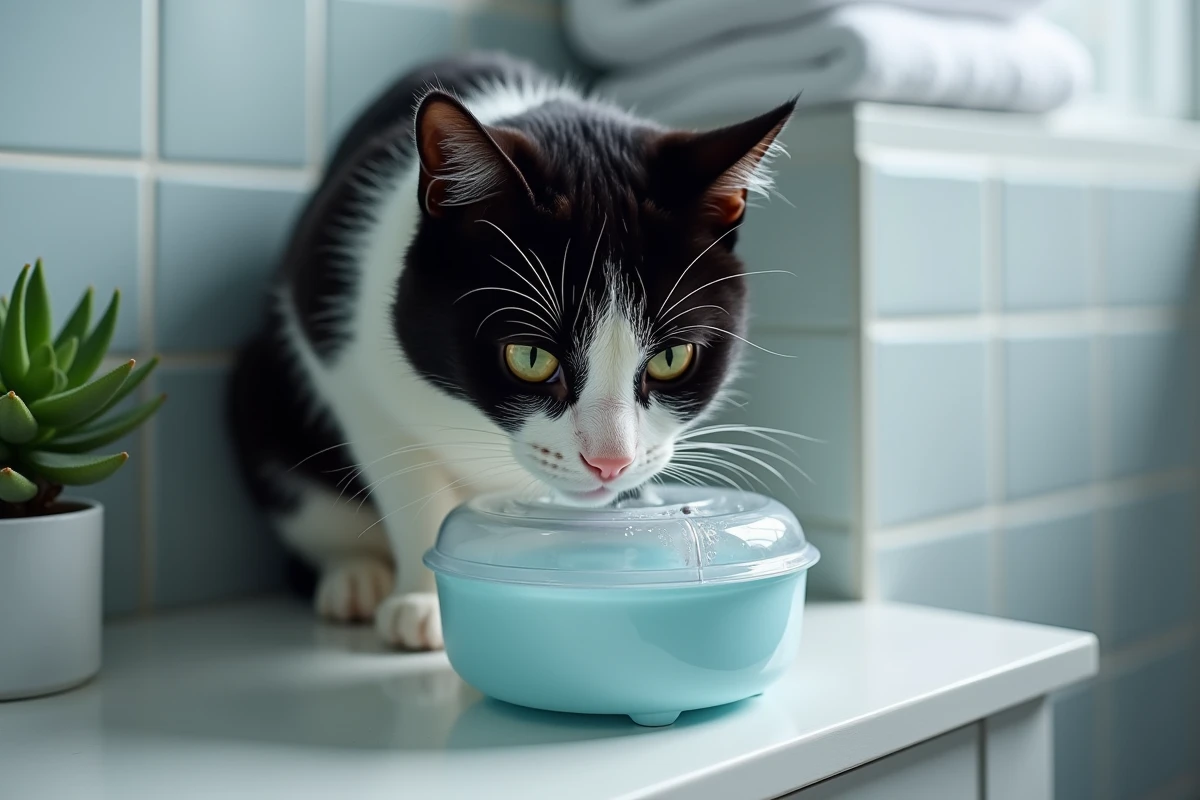 Gros plan d'un chat noir et blanc buvant à une fontaine à eau compacte avec filtre à charbon anti-calcaire dans une salle de bain