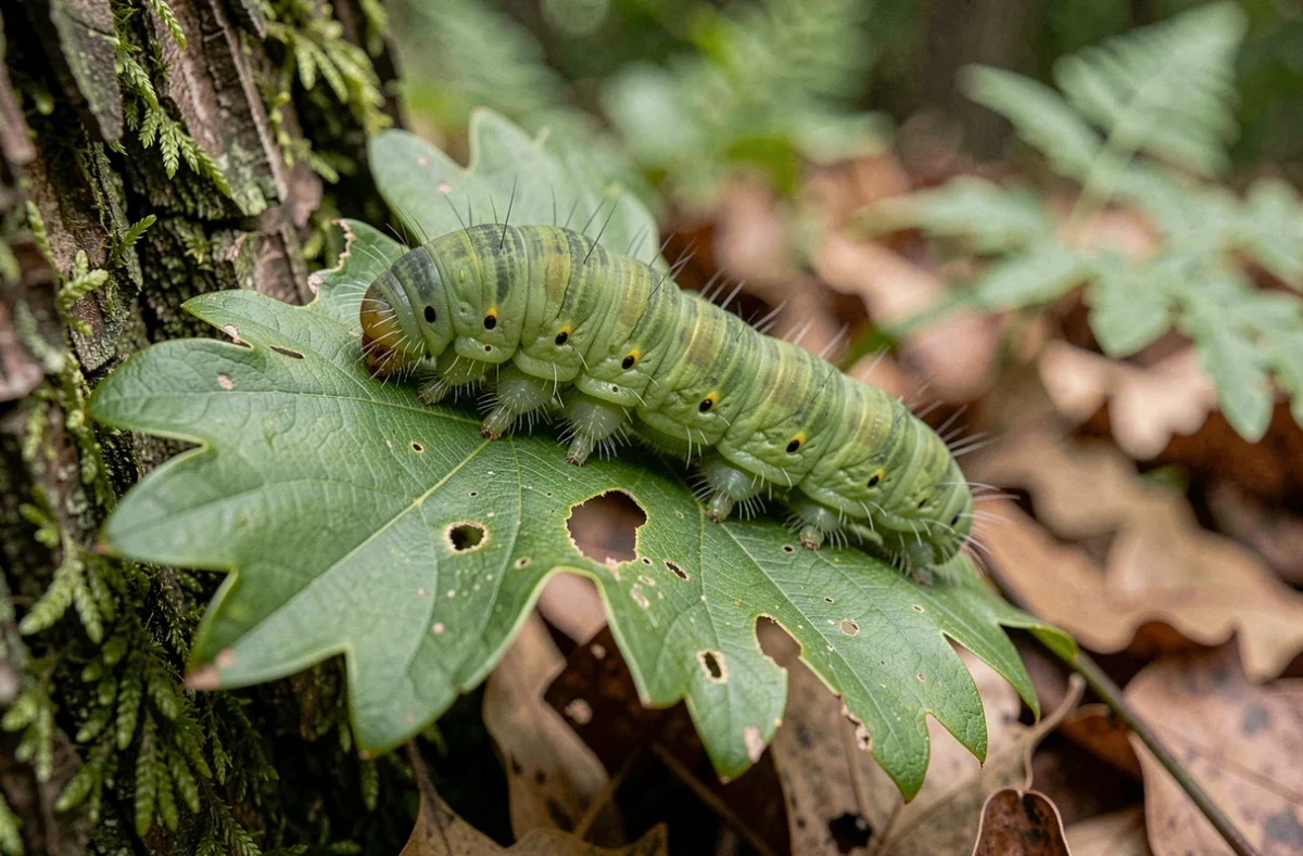 Gros plan d'une chenille verte mangeant une feuille de chêne avec des traces de morsures visibles, illustration de l'alimentation des chenilles