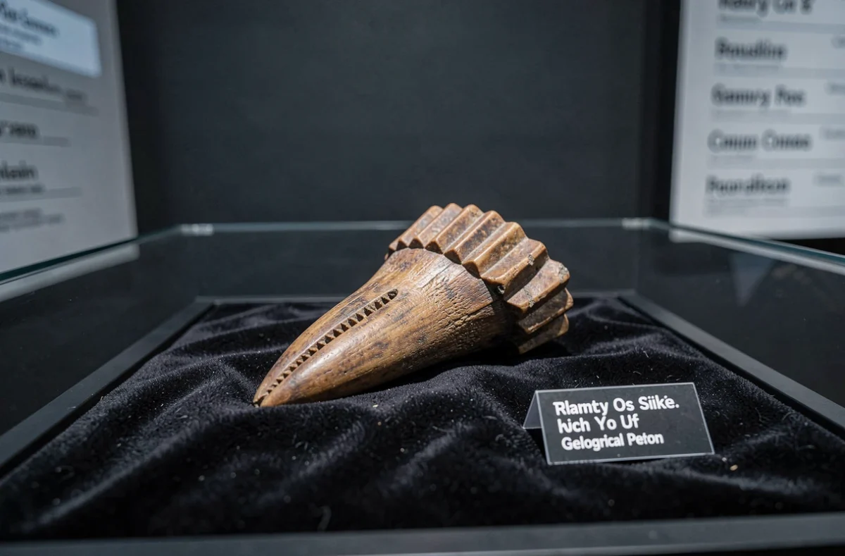 Gros plan sur une dent fossilisée de dinosaure carnivore exposée dans une vitrine de musée