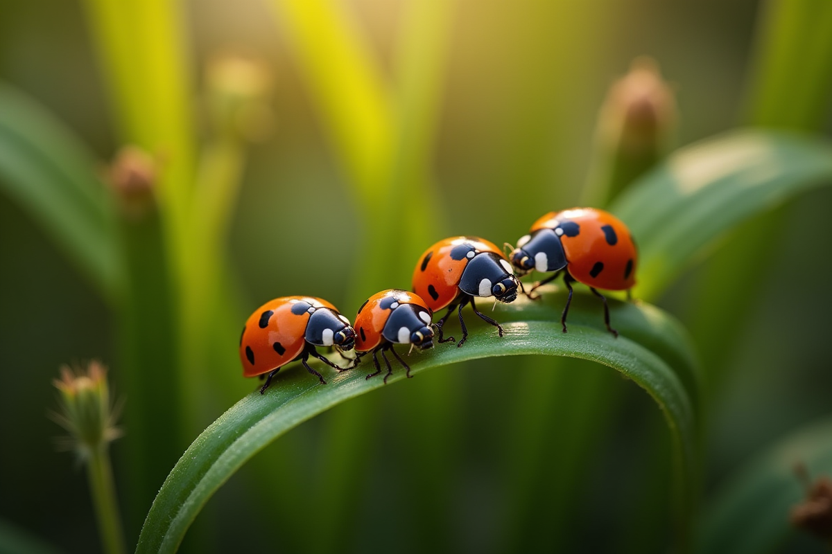 Groupe de coccinelles sur des plantes de jardin au soleil matin