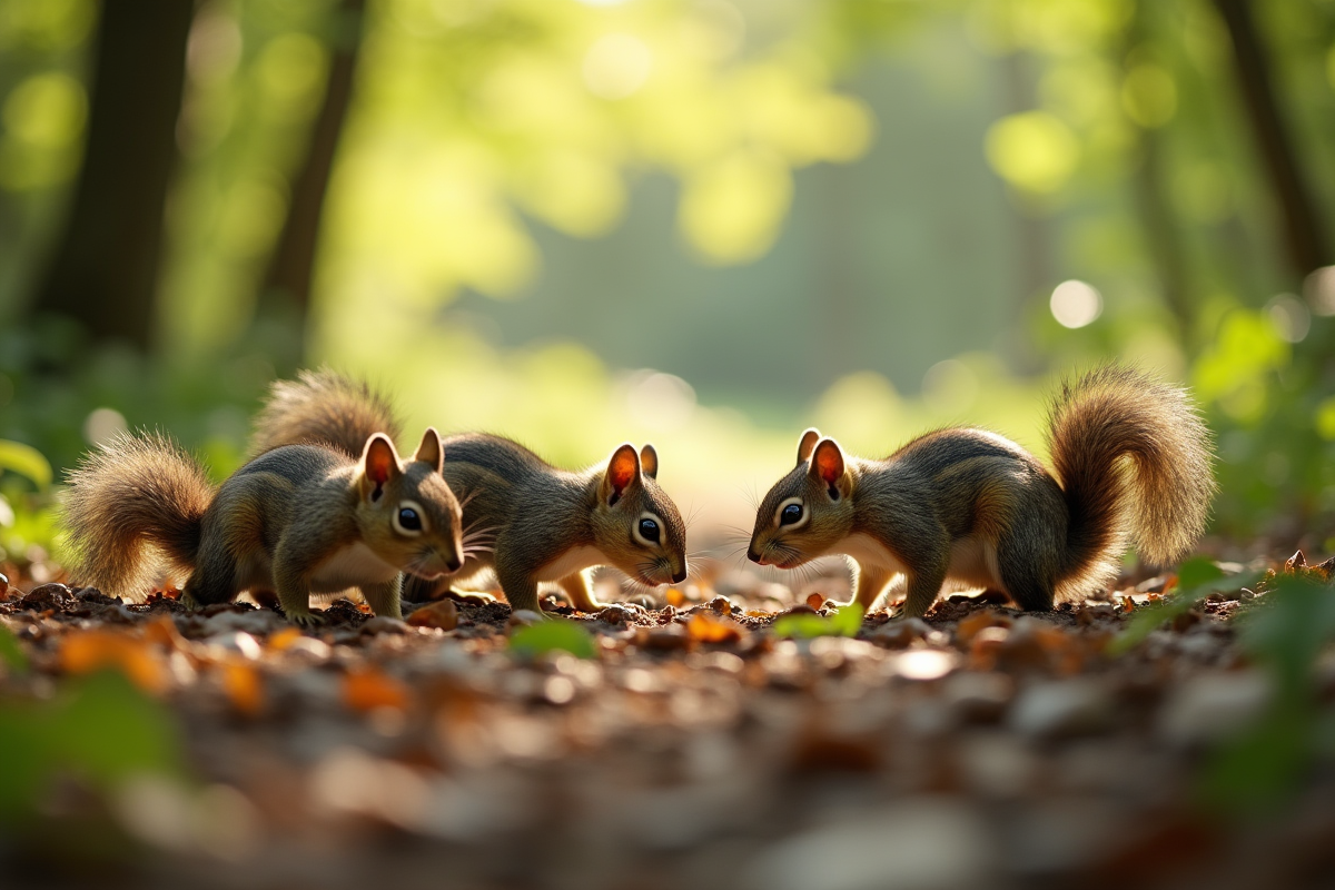 Groupe de écureuils cherchant de la nourriture dans la forêt