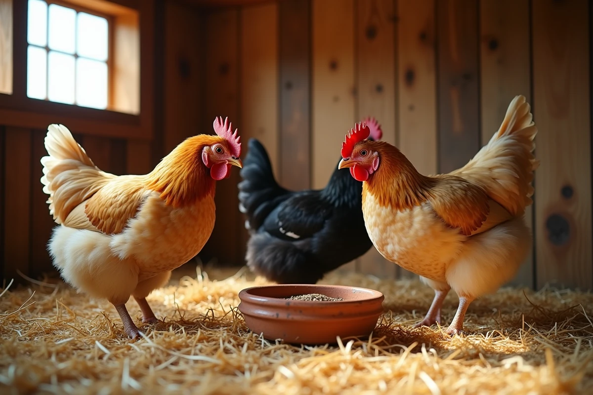 Groupe de poules Brahma mangeant dans un poulailler en bois avec de la paille