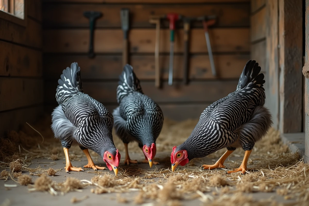 Groupe de poules Plymouth Rock barred dans un poulailler en bois avec perchoirs et litière de paille