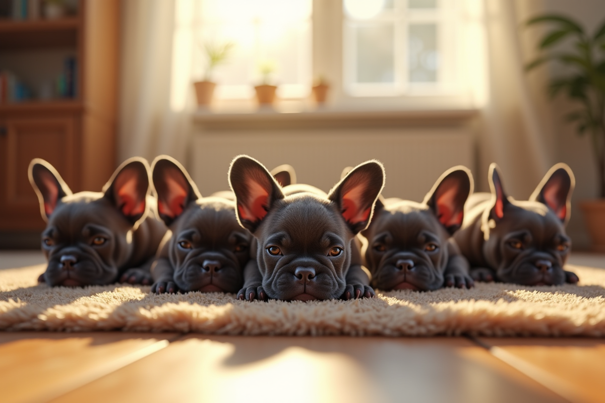 Plusieurs chiots bulldog français reposant dans un salon chaleureux