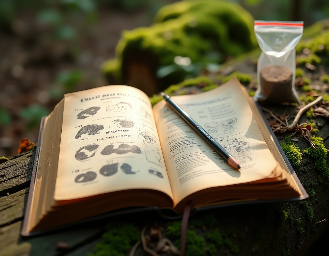 Guide de terrain ouvert sur un tronc moussu avec outils d'identification des traces de blaireau